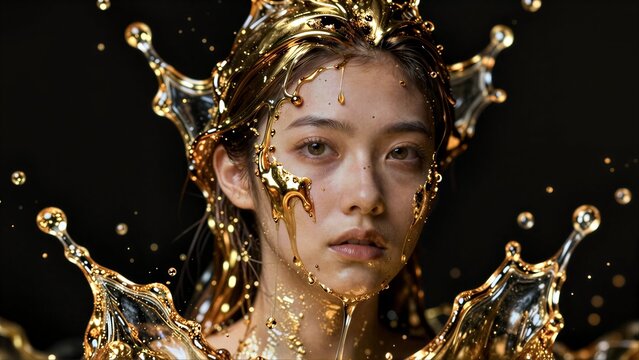 Golden liquid splashes around a woman's face against a dark background.