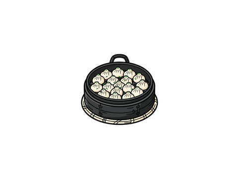 Black Steamer Basket Filled With Dumplings Isolated Vector Illustration