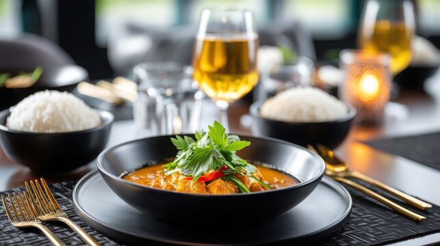 A delicious and aromatic curry dish served in a black bowl, accompanied by steamed rice and a glass of beer. The table setting is elegant and inviting