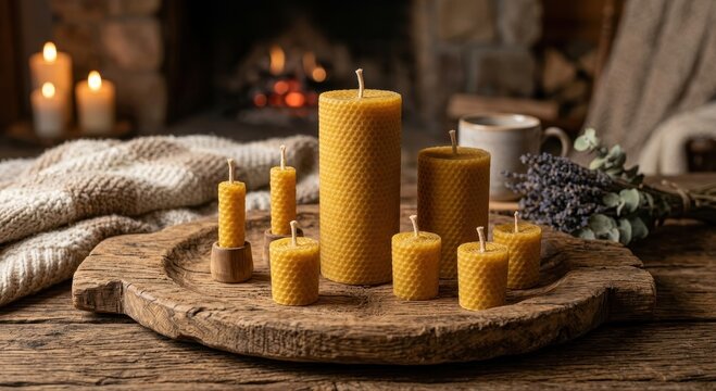 Collection of natural beeswax pillar and taper candles with honeycomb texture arranged on a rustic wooden tray near a fireplace