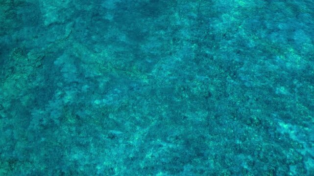 Drone aerial view of crystal clear turquoise ocean water over shallow coral reef off Big Island Hawaii. Sunlight reveals rocky seabed textures and deep blue channels in tropical sea.