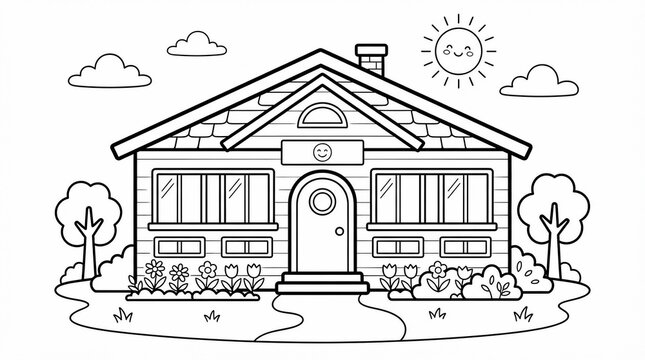 Friendly school building coloring page for kids featuring a sunny day with clouds trees and garden flowers in an educational environment illustration