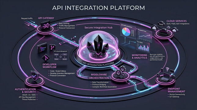 Futuristic API Integration Platform Concept with Neon Glowing Elements on Dark Background