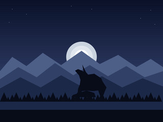 Obraz premium Mountain landscape illustration under a dark night sky displaying bright stars and a large glowing moon above dark pine trees.