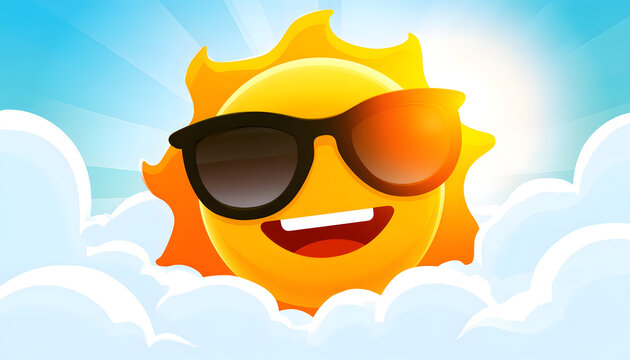 A smiling cartoon sun, decked out in sunglasses and displaying a sunny expression, glides above soft, fluffy clouds against a bright background, conjuring a playful notion of summertime or a vacation