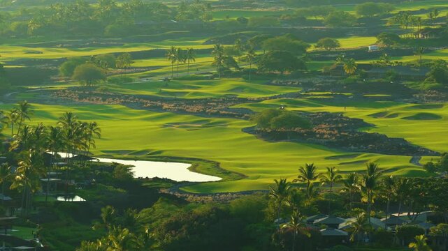 Golden sunset light over lush golf course fairways and ponds on Big Island Hawaii with tall palm trees lava rock and luxury resort homes surrounding manicured greens in tropical valley.