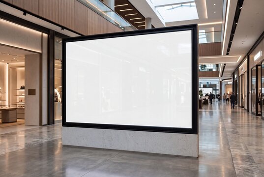 Large blank horizontal billboard mockup in modern shopping mall interior for advertisement display