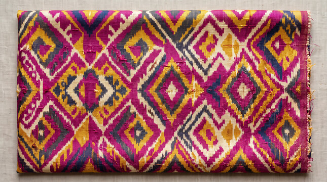 Vibrant woven textile featuring geometric diamond patterns in magenta yellow purple and orange hues on a light beige background