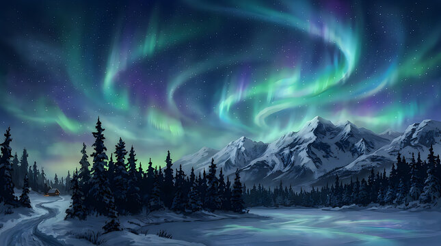 Dramatic northern lights display over snowy mountains and silhouetted pine trees