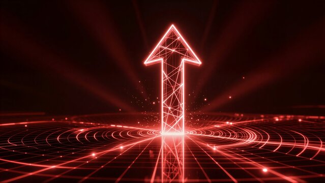 Neon arrow rises through digital grid, radiating energy and forward momentum in red glow.