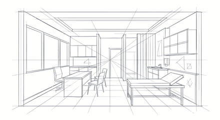 Fototapeta premium Creative Architectural Sketch of Modern Minimalist Office Space with Perspective Drawing Featuring Furniture Tables Chairs and Large Windows