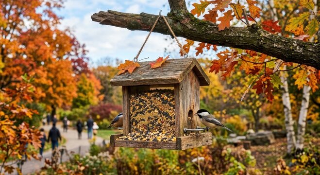 Rustic Reclaimed Wood Bird Feeder Filled with Seed Hanging from a Tree Branch with Autumn Foliage and Birds