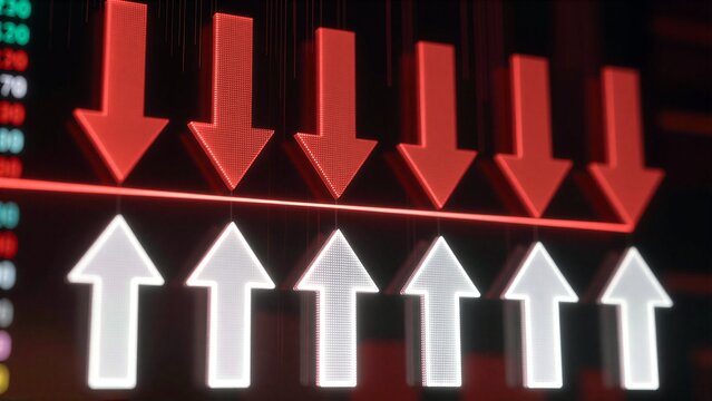 Red arrows point down, white ones upstock market trends displayed vividly.
