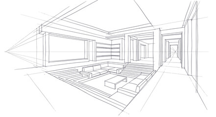Fototapeta premium Dynamic Architectural Perspective Sketch of Modern Minimalist Living Space with Depth and Vanishing Points