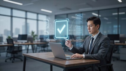 Fototapeta premium Businessman using a laptop with a digital checkmark hologram in an office room
