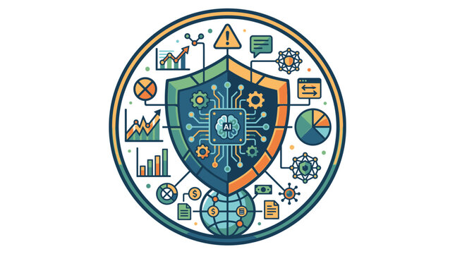 Cyber security shield icon surrounded by data nodes and network icons in flat design.