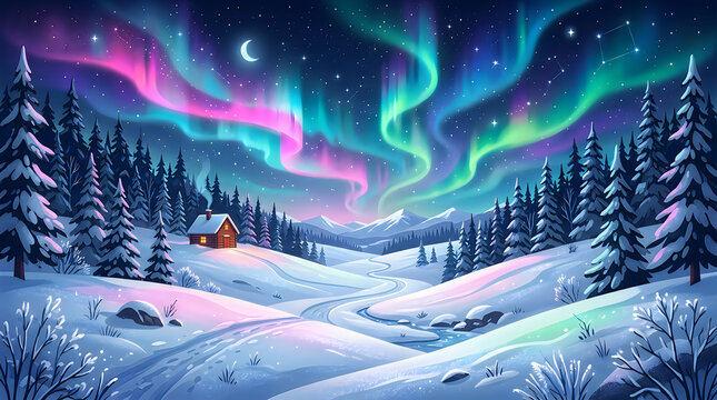 Winter landscape with a cozy cabin under a vibrant and colorful aurora borealis