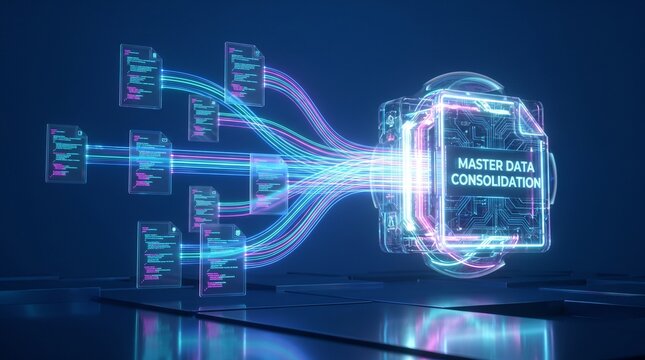 Digital data files merging into a central hub representing master data consolidation technology.
