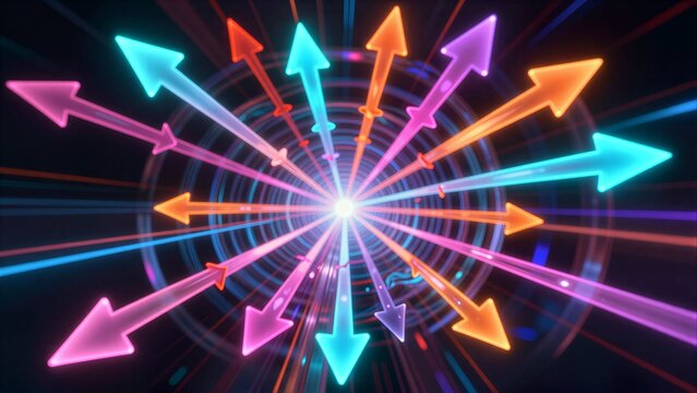 Vibrant neon arrows radiate from a bright center, creating dynamic motion and energy.