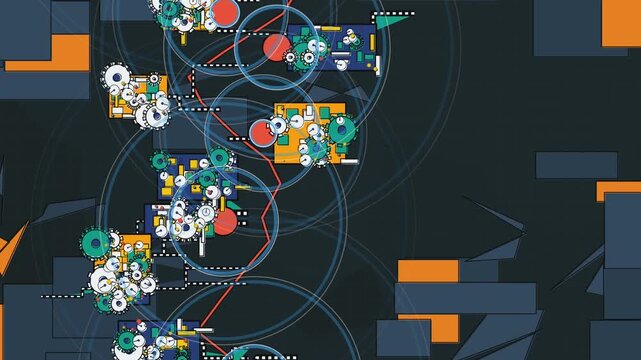 Abstract 2D animation of a complex mechanical vertical network structure with rotating gears connecting lines and geometric shapes on a dark background