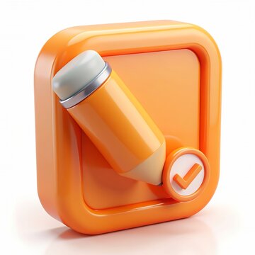 Glossy 3D orange pencil icon with a checkmark on a rounded square button, isolated on white background for user interface design.