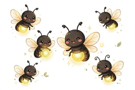 Illustration set of cute fireflies glowing at night, kawaii firefly cartoon collection`

