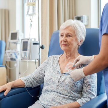 Caring Nurse Administering Intravenous Treatment To Elderly Patient