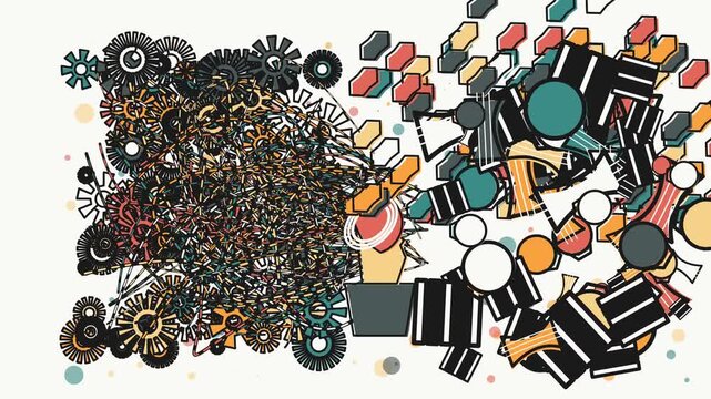 Abstract animation showing a funnel transforming a chaotic jumble of cogs and gears into organized geometric shapes and objects representing neural processing and data synthesis
