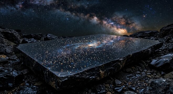 Spectacular Milky Way Galaxy Reflected in a Polished Obsidian Surface Under a Starry Night Sky