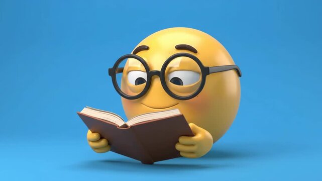 Cute 3D Yellow Emoji Wearing Glasses Reading Book and Flipping Page on Blue Background