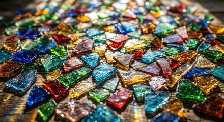 Obraz premium Scattered colorful glass fragments creating a vibrant, multifaceted abstract texture