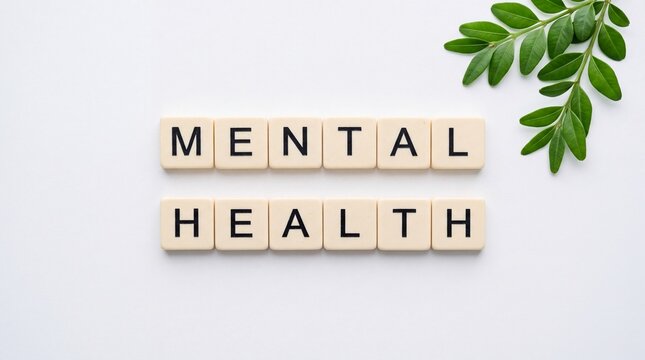 The phrase Mental Health spelled with square letter tiles on a clean white surface, decorated with a small green leafy sprig for a natural wellness theme.
