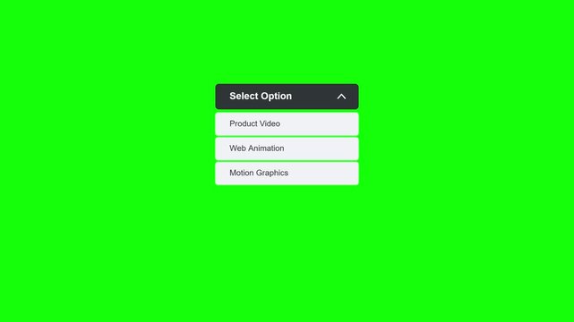 Interactive dropdown menu selection animation with options on green screen chroma key.