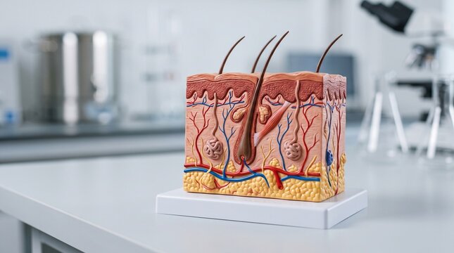 Detailed anatomical model of human skin cross-section showing epidermis dermis and hypodermis with hair follicles and blood vessels in a laboratory setting