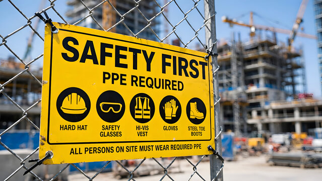 Yellow safety first sign on chain link fence at a construction site with PPE icons