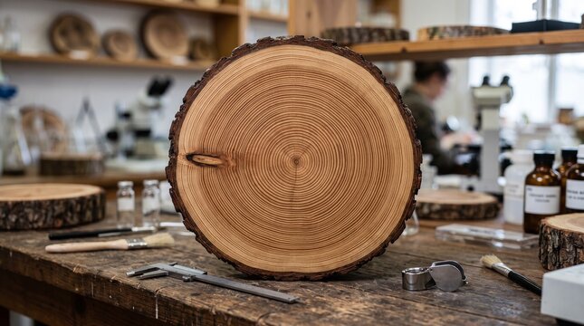Close up of a large tree ring cross section on a wooden workbench with scientific tools and blurry lab background