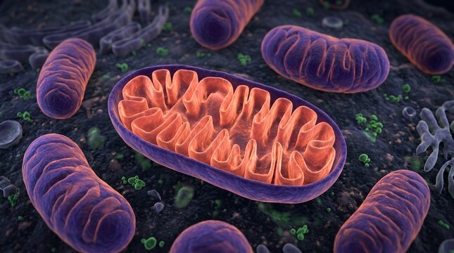Detailed 3D rendering of mitochondria, the powerhouses of the cell, showcasing internal cristae and surrounding cellular structures