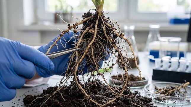 Scientist examines plant roots in laboratory setting with soil samples and lab equipment for research and analysis