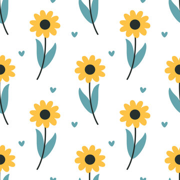 Seamless pattern with sunflowers. Vector print for textiles, and decorations. Vector illustration isolated on white background.