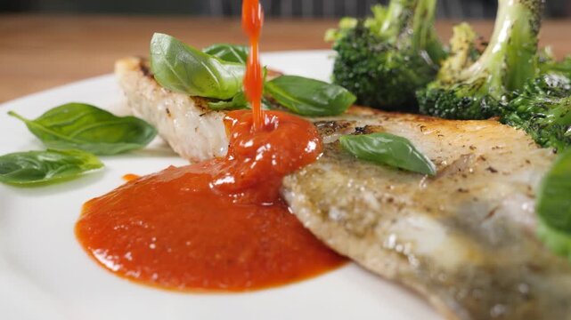 Close-up of plated fish fillet with broccoli and fresh basil being drizzled with red tomato sauce. Gourmet restaurant presentation, healthy meal, professional food styling Slow motion 4k video