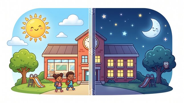 Cartoon school building split into day and night scenes with happy sun and moon characters and children arriving
