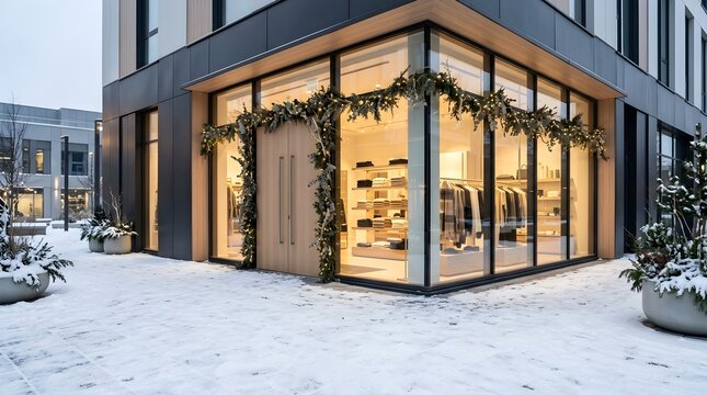 Modern boutique store facade with christmas garland decoration and snow ground