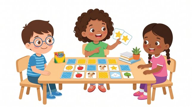 Three diverse children playing a memory matching game with colorful cards on a table, promoting early learning and cognitive skills