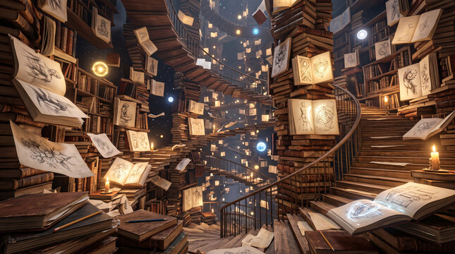 Surreal Fantasy Library with Floating Ancient Books and Spiral Staircase in a Mystical Dreamlike Atmosphere