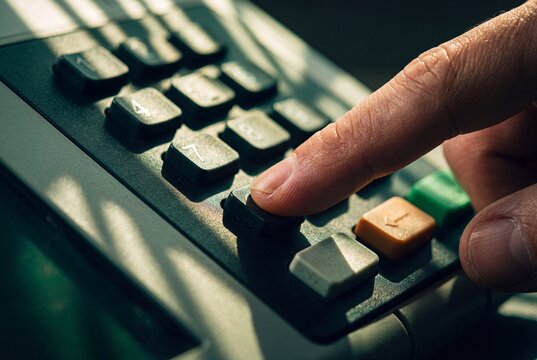 Close-up of a customer pressing buttons on a payment terminal keypad to enter PIN code during checkout