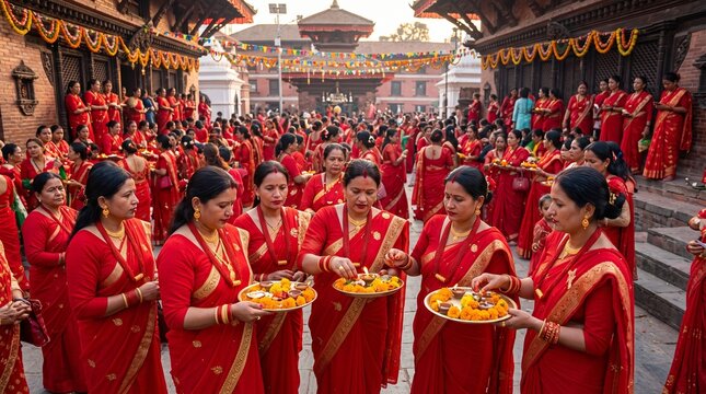 Nepalese women in traditional red sarees celebrating Teej festival at a historic temple courtyard with puja offerings