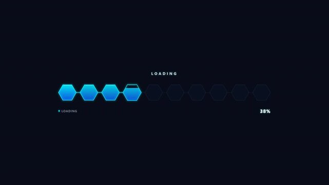 Minimalist digital loading bar with glowing blue hexagon icons and progress percentage for high tech interface or software application development