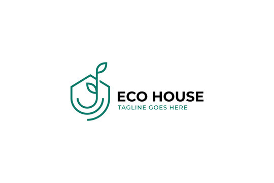 Minimalist Monoline Eco House Leaf Sprout Logo Icon for Green Architecture