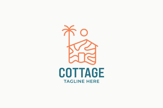Minimalist Monoline Shore Cottage Palm Tree Logo Icon for Beach Resort Branding