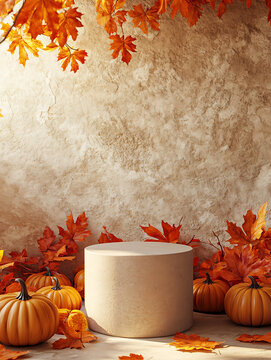Minimalist beige cylindrical podium surrounded by pumpkins and red autumn leaves for clean product showcase layout